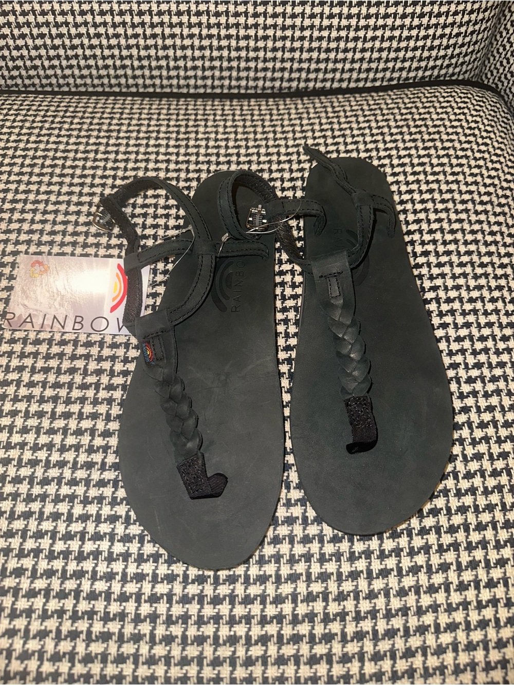 Rainbow Black Braided T-Strap Sandals